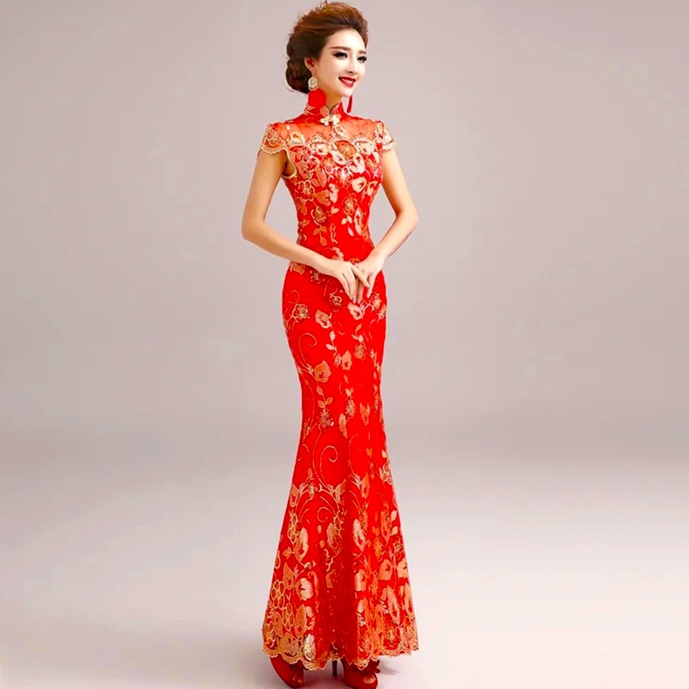 Elegant Chinese Red Dress Cheongsam Qipao Wedding